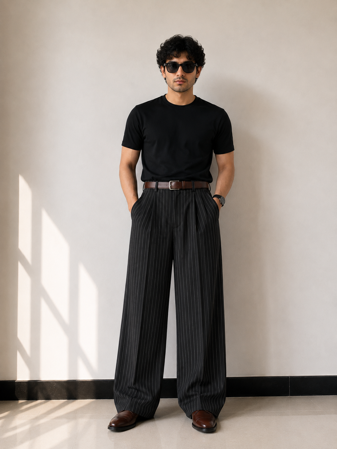 PinStripe Wide Leg Pleated Milano Pants