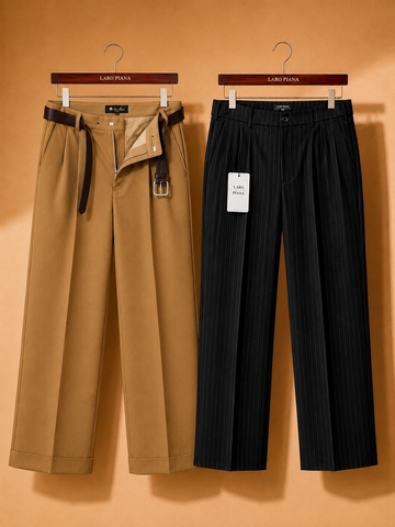 The Gentleman’s Power Duo: Camel & PinStripe Pleated Pants Bundle