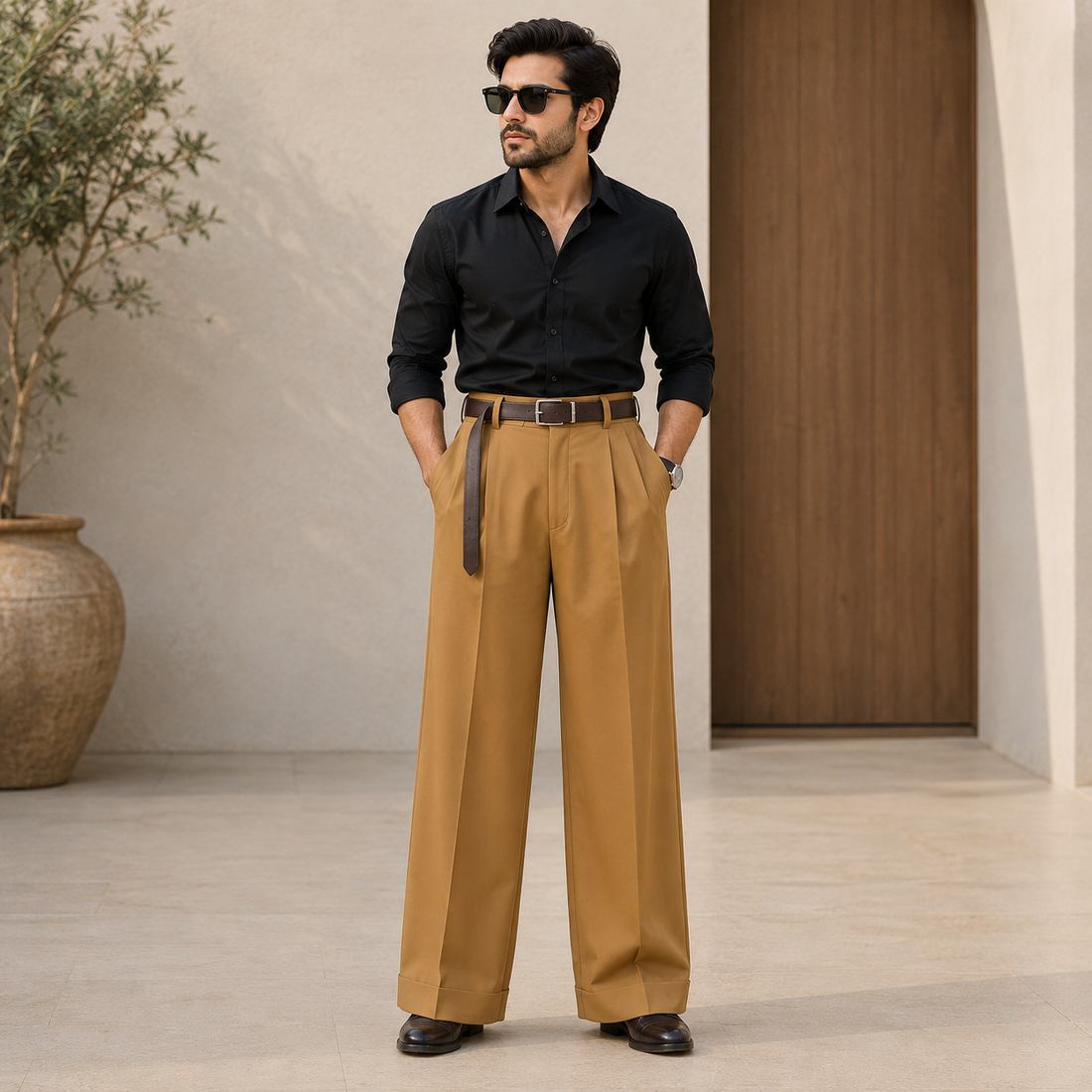 Camel Wide Leg Pleated Milano Pants